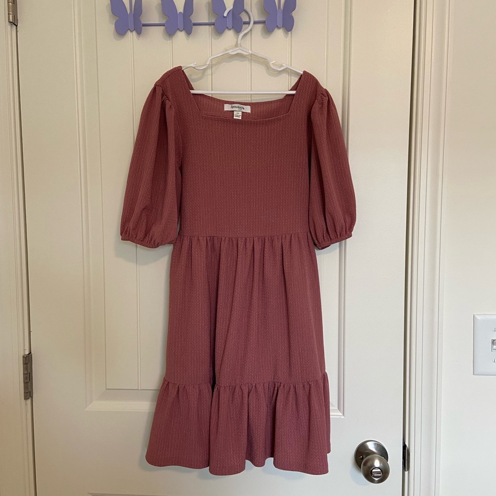NWOT Speechless‎ girl’s mauve pink textured puff sleeve square neck tiered dress